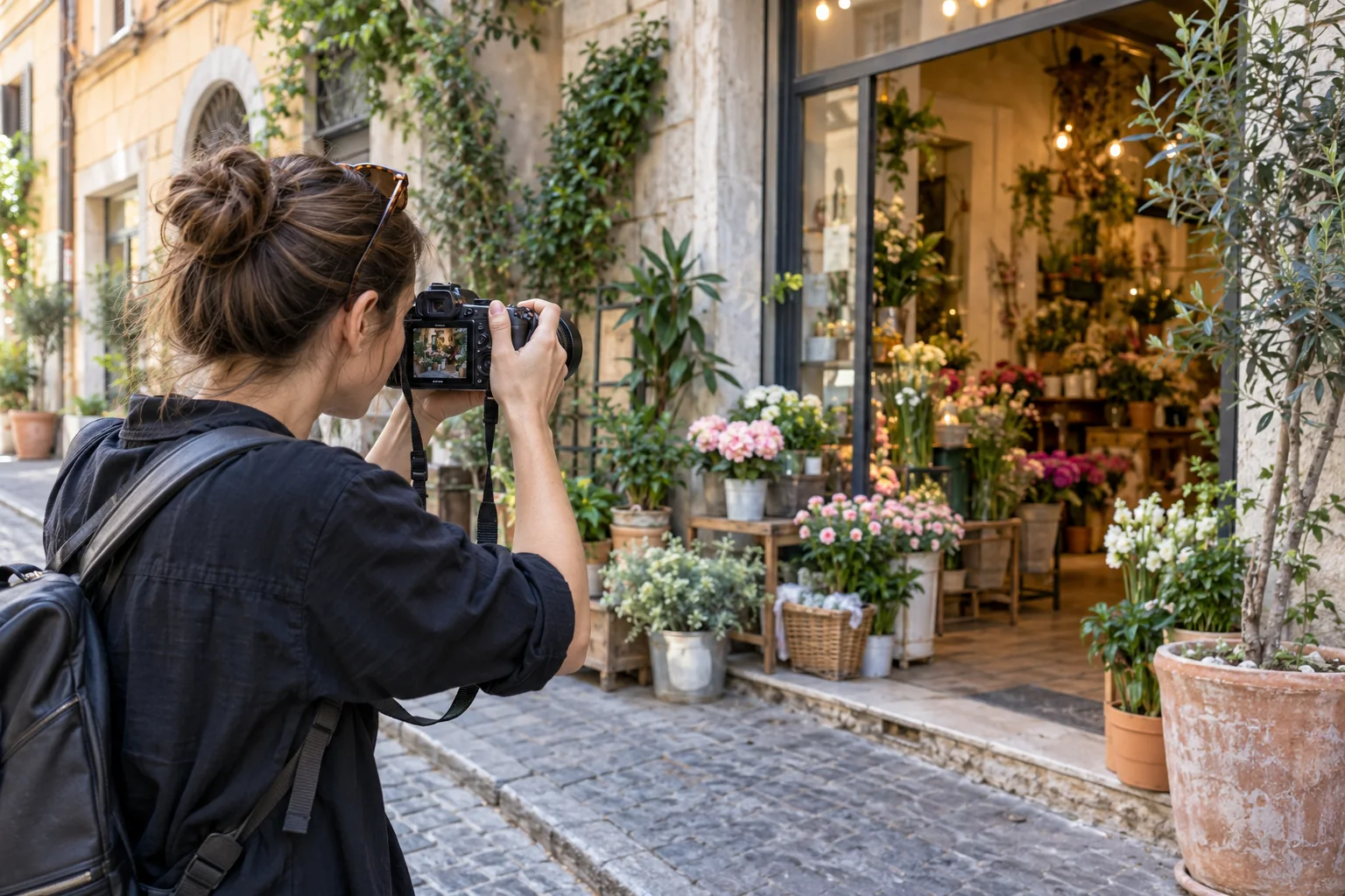 Una fotografa riprende l’esterno e l’ingresso di un piccolo negozio dalla strada.