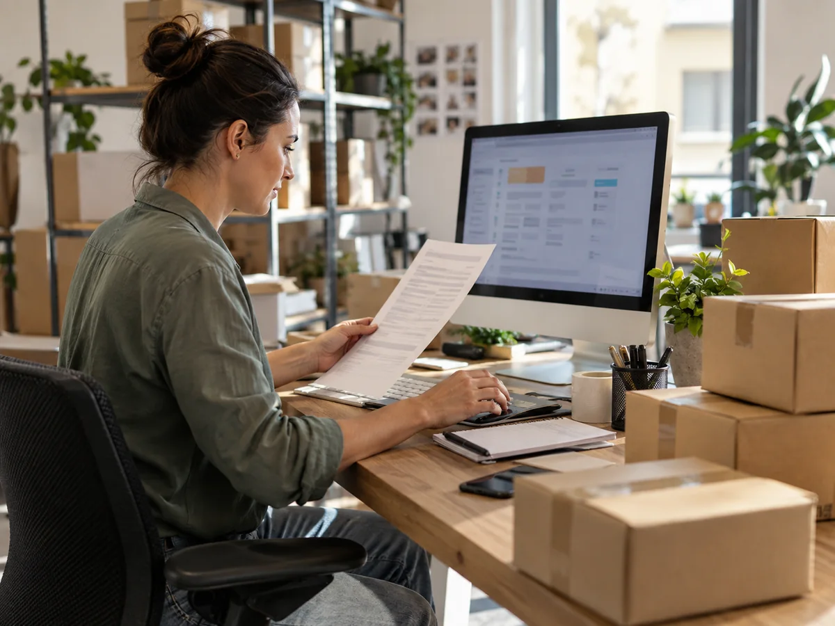 Responsabile ecommerce confronta un riepilogo ordini con il computer accanto a pacchi pronti per la spedizione