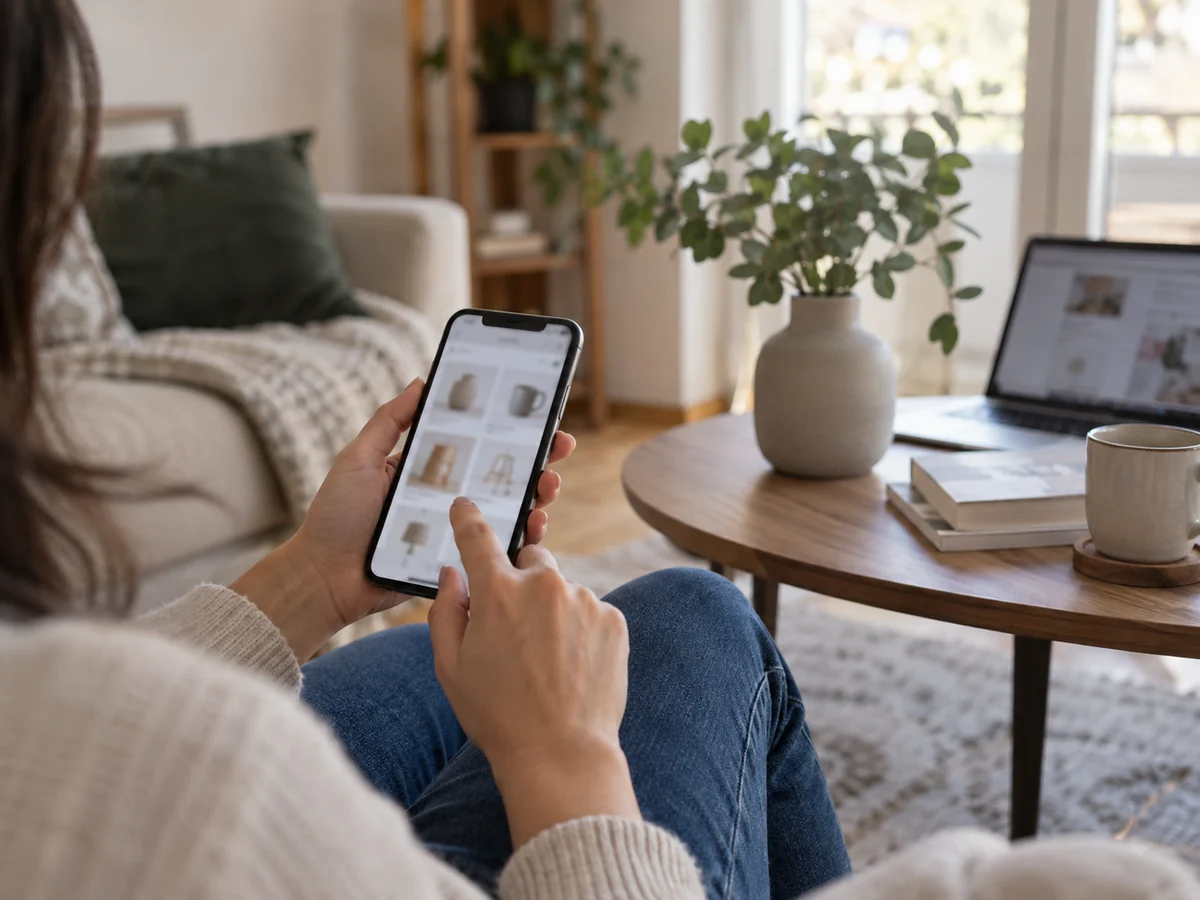 Acquisto da smartphone a un tavolo domestico con un portatile aperto e un prodotto