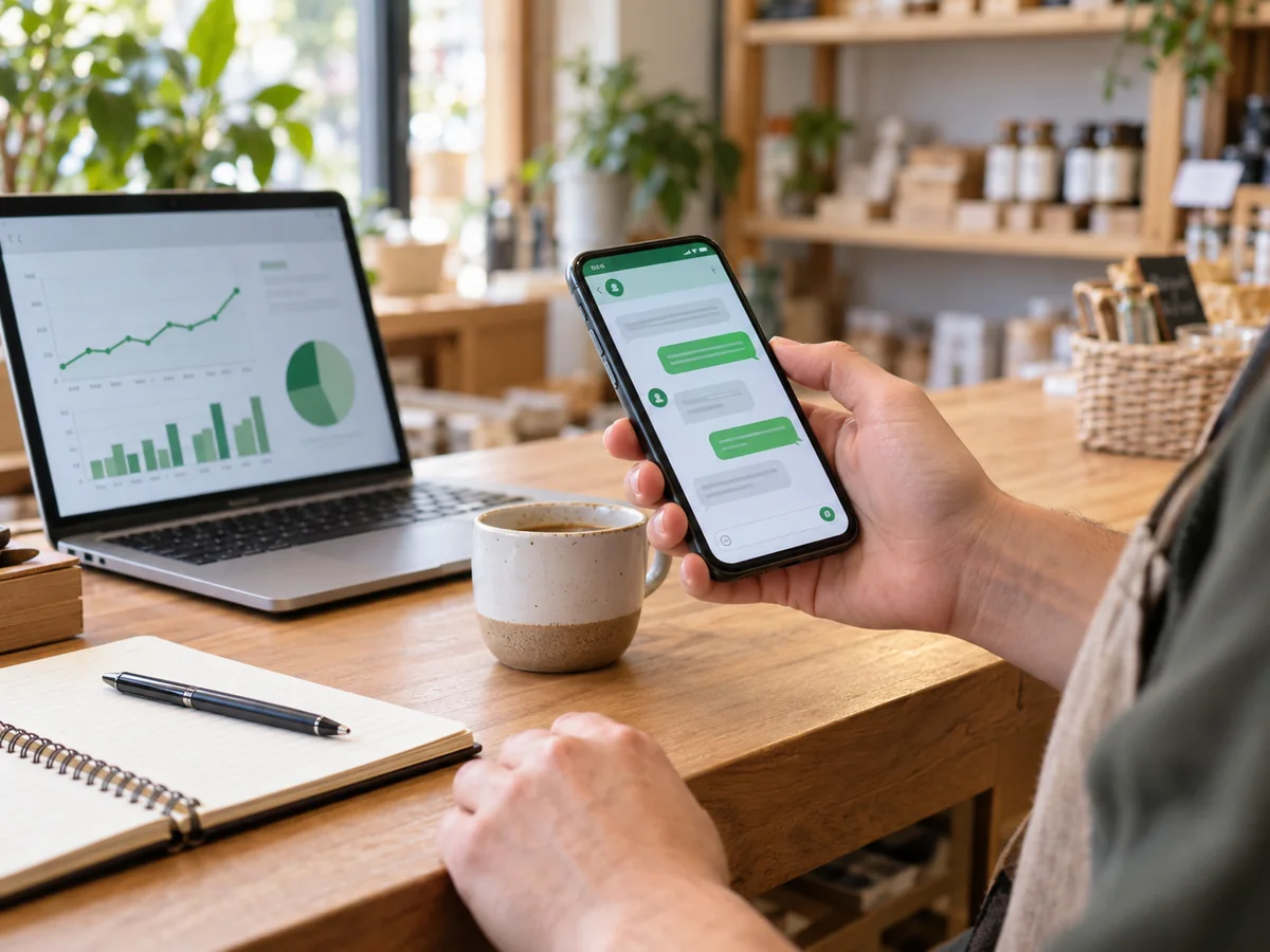 Smartphone con una conversazione aperta accanto a un portatile con grafici sul tavolo di un’attività commerciale