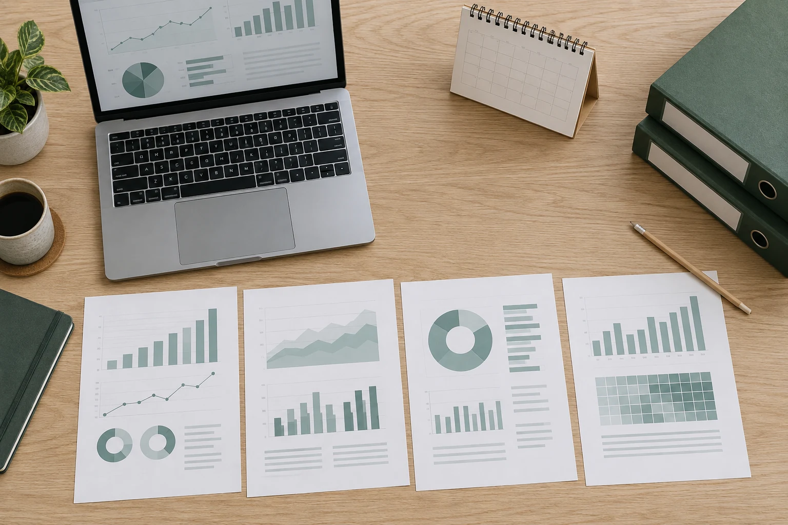 Scrivania vista dall’alto con portatile, calendario e report di analisi