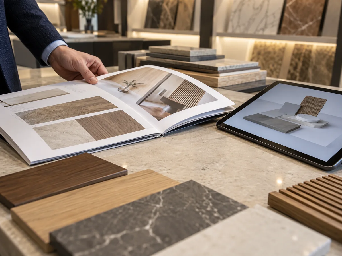Catalogo aperto in uno showroom accanto a un tablet con una scheda tecnica di prodotto