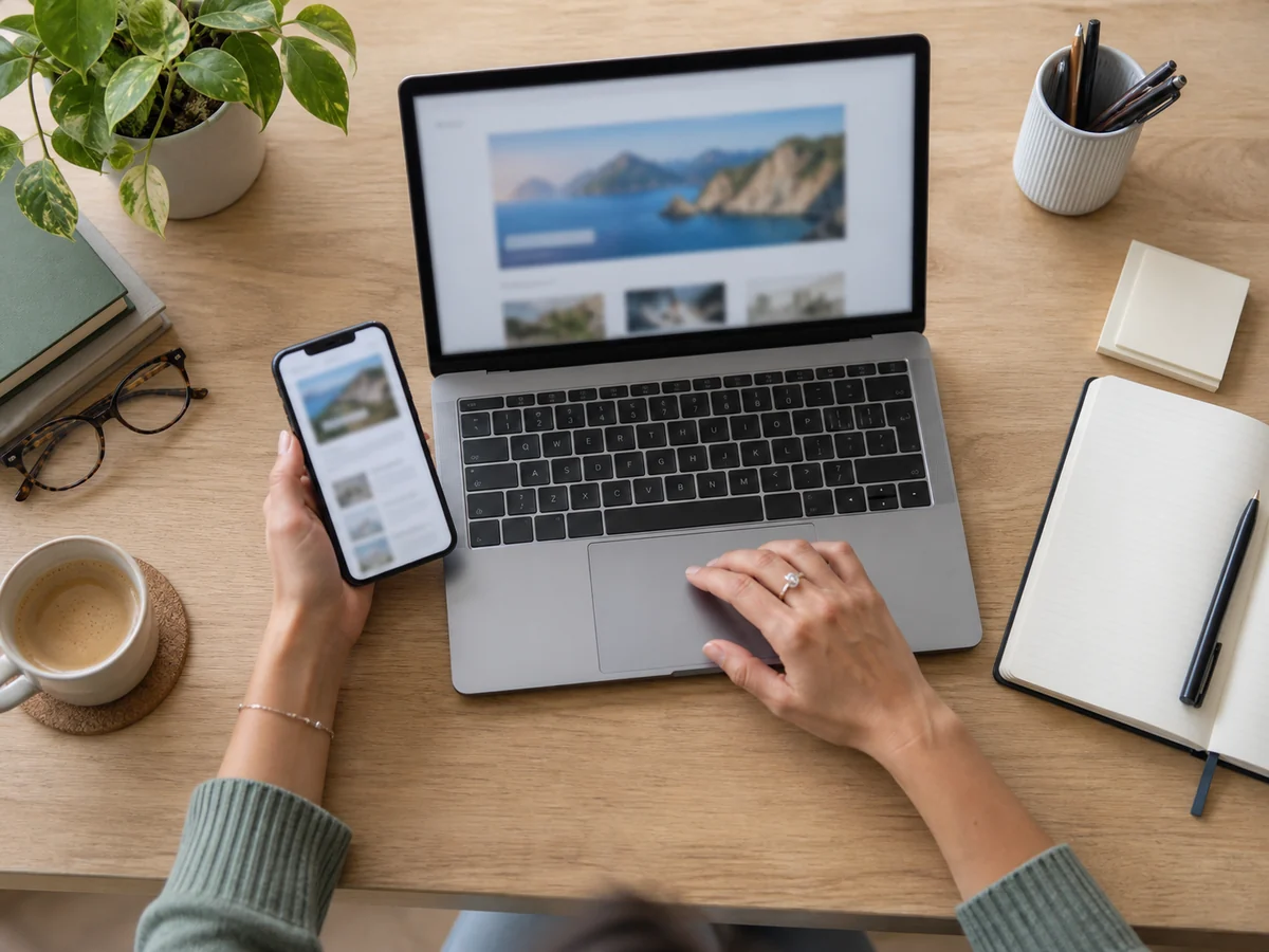 Postazione vista dall’alto con computer, smartphone e taccuino per una verifica del sito web