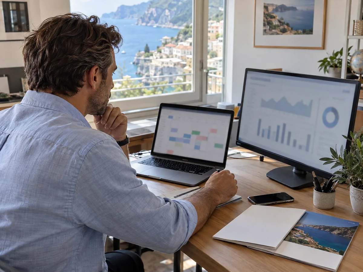 Professionista confronta il calendario delle prenotazioni con i dati del sito su due schermi