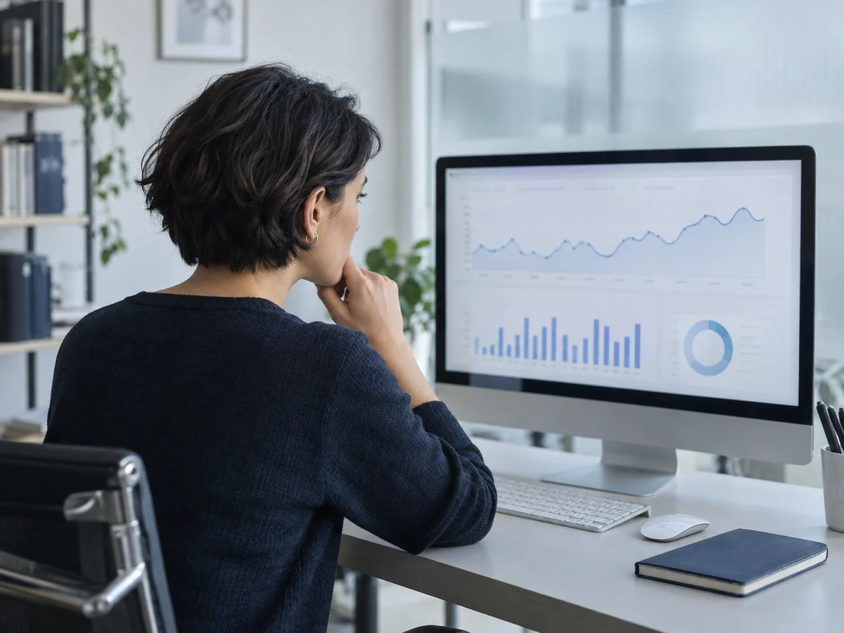 Specialista che controlla grafici e statistiche di un sito su un monitor in un ufficio luminoso