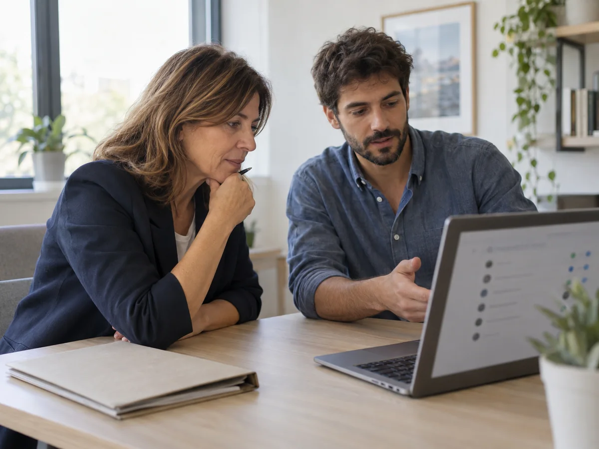 Titolare di una piccola impresa e consulente che verificano gli accessi digitali a un computer in ufficio