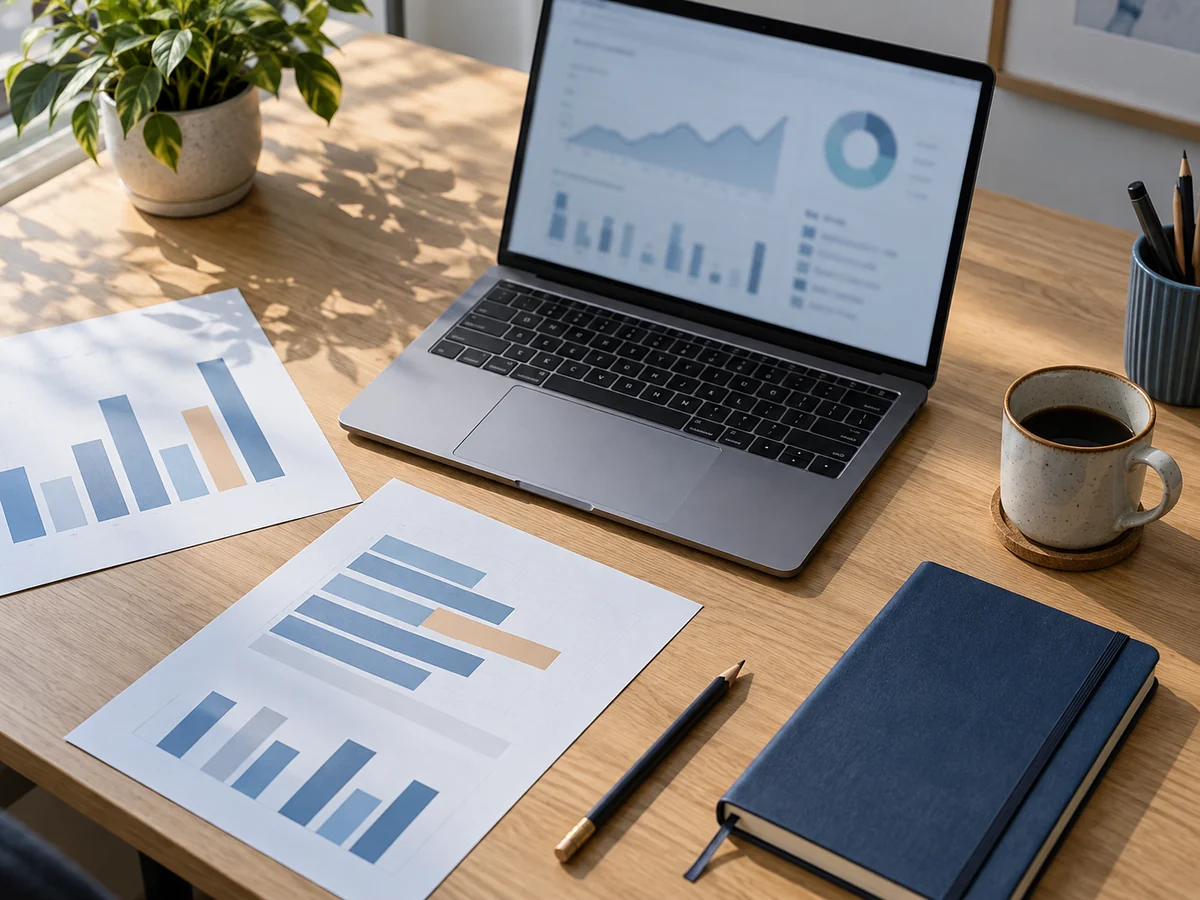Postazione di analisi vista dall’alto con monitor, report cartacei e appunti per interpretare i dati del sito