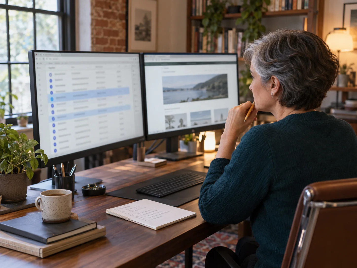Tecnica consulta due monitor e una lista di controllo in uno studio con una parete di mattoni.