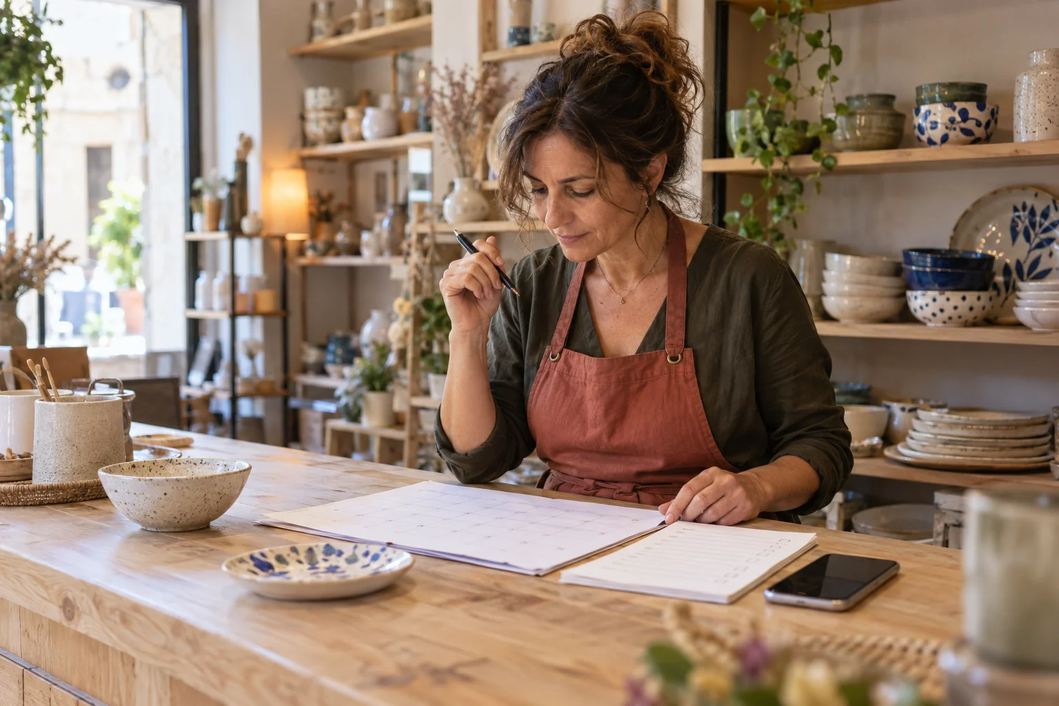 Titolare di una bottega di ceramiche che controlla un calendario mensile e una checklist sul banco del negozio