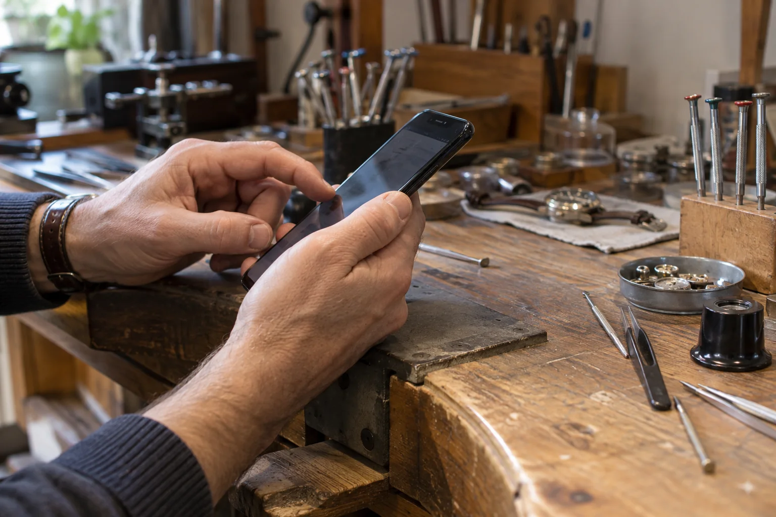 Le mani di un artigiano usano uno smartphone su un banco con strumenti per riparare orologi.