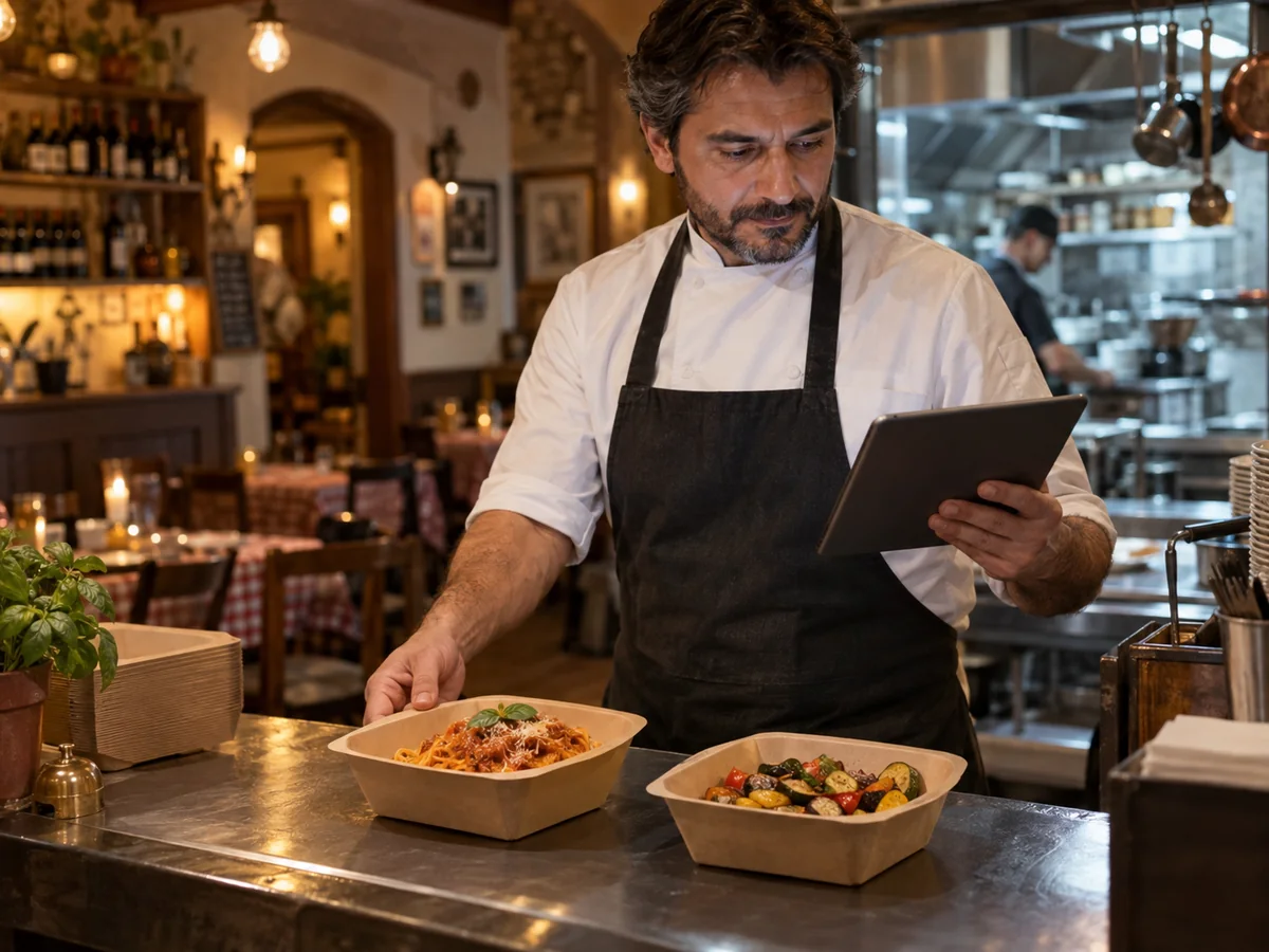 Ristoratore che confronta il menu su un tablet con i piatti preparati sul banco del locale