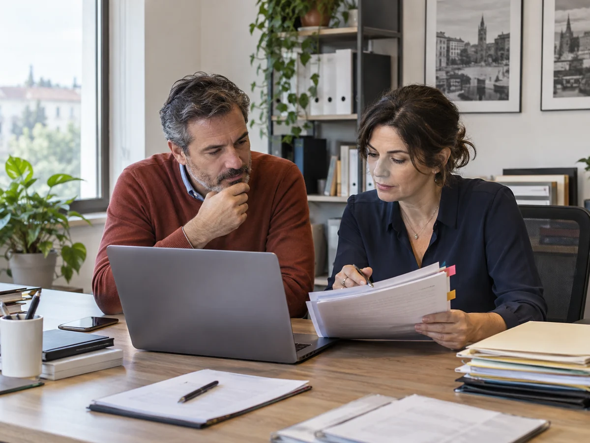 Imprenditore e consulente esaminano una pratica e un portatile in un ufficio luminoso