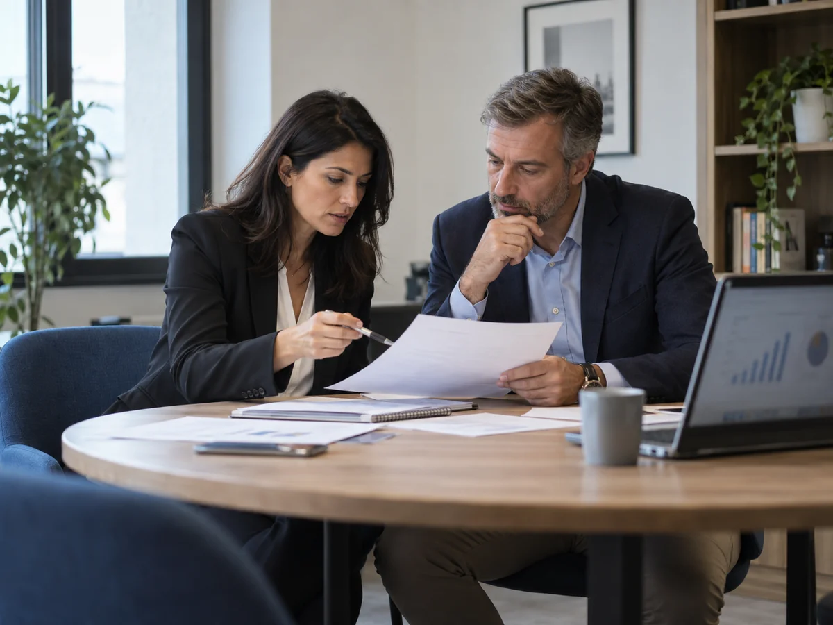 Responsabile commerciale e collega esaminano il piano di acquisizione clienti in una sala riunioni