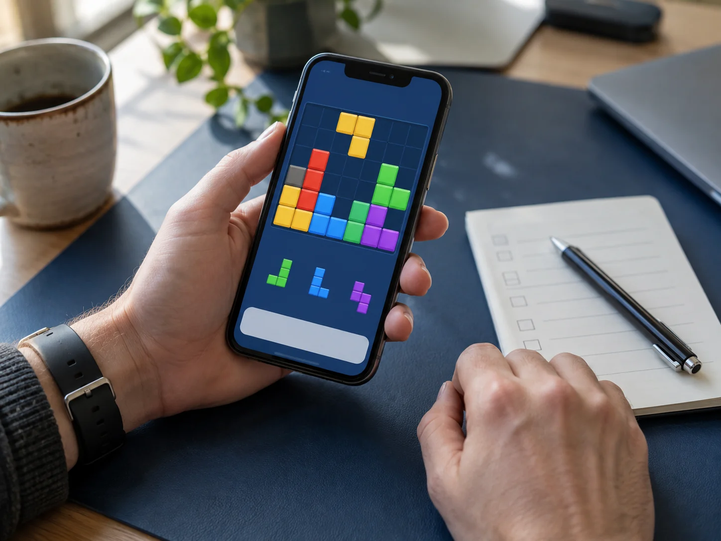 Smartphone con un gioco a blocchi colorati e uno spazio pubblicitario generico accanto a una lista di controllo.