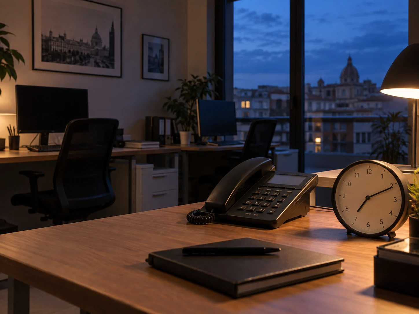 Ufficio vuoto al crepuscolo con telefono e orologio sulla scrivania