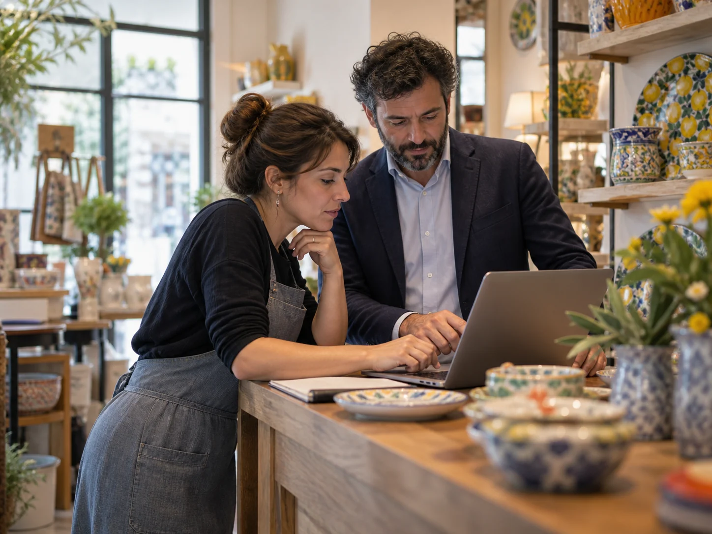 Titolare di un negozio e consulente esaminano un computer portatile sul banco