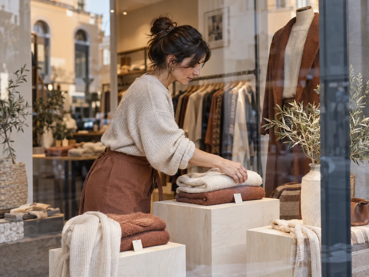 Commerciante prepara una vetrina con capi di abbigliamento e cartellini promozionali.