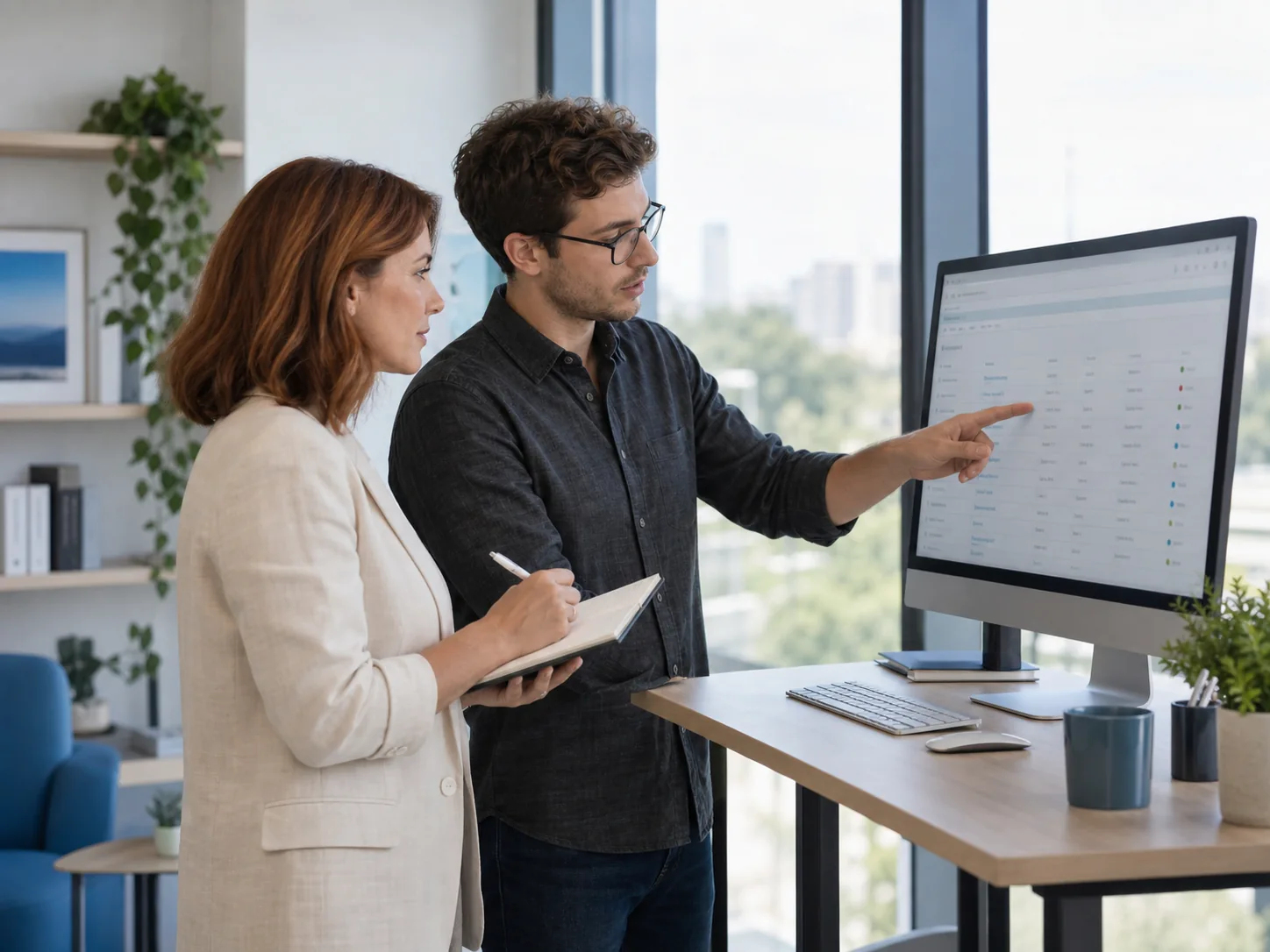 Due professionisti esaminano un elenco di modifiche al monitor prendendo appunti in un ufficio luminoso.