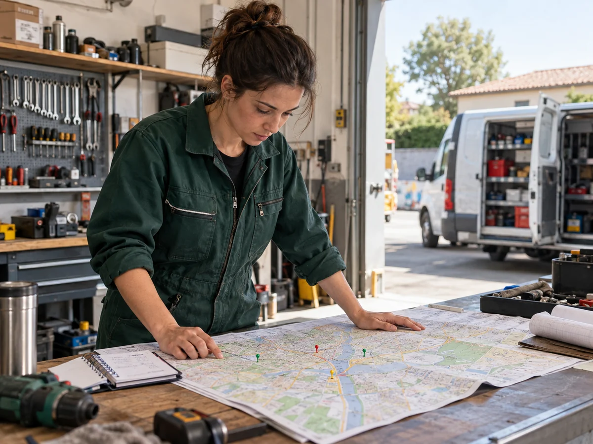 Tecnico in officina confronta una mappa dell’area di intervento con gli appuntamenti di lavoro