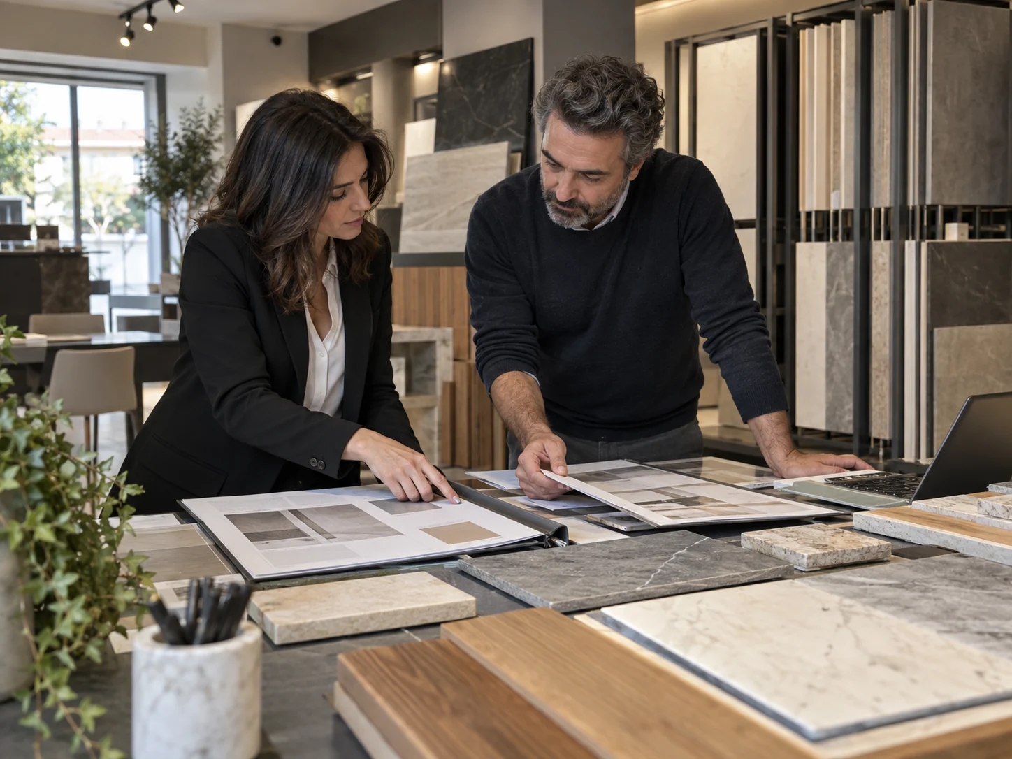 Due professionisti confrontano preventivi e progetti in uno showroom di materiali