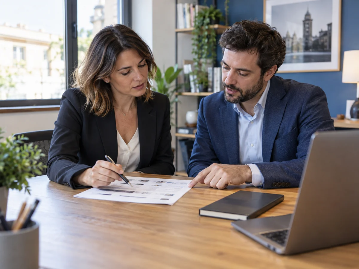 Imprenditrice e consulente confrontano un preventivo pubblicitario al tavolo di un ufficio