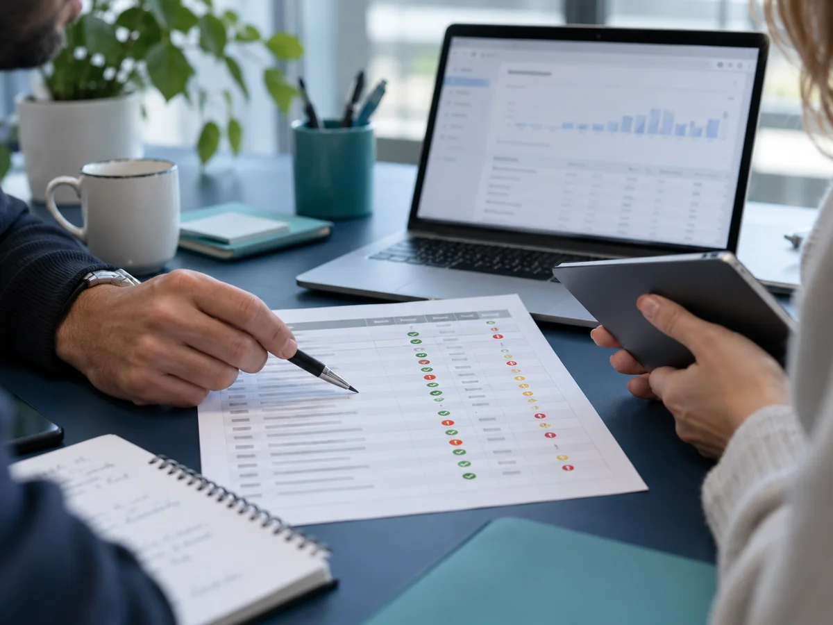 Due consulenti confrontano una tabella clienti stampata con i dati visualizzati su un computer portatile e un tablet