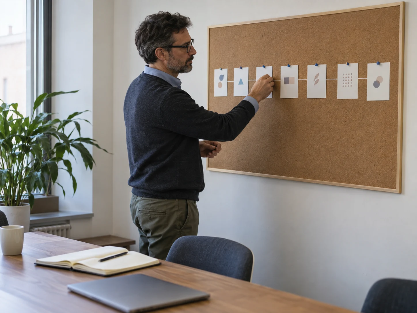 Consulente organizza una sequenza di schede di monitoraggio su un pannello in ufficio
