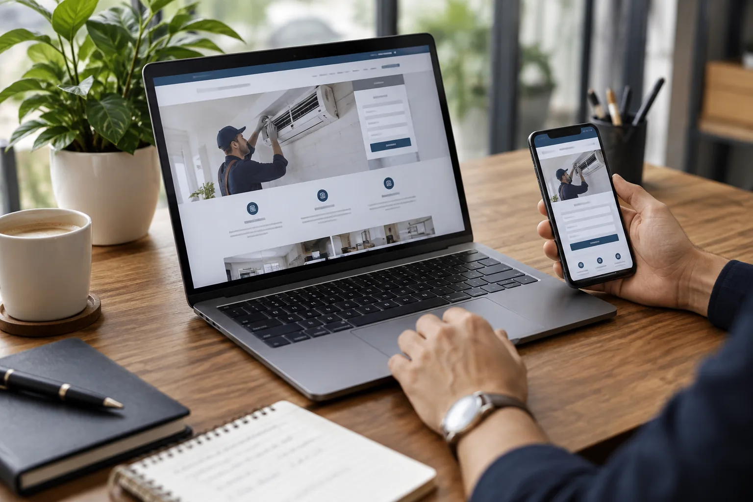 Smartphone e computer portatile mostrano una pagina di servizio con un modulo di contatto.
