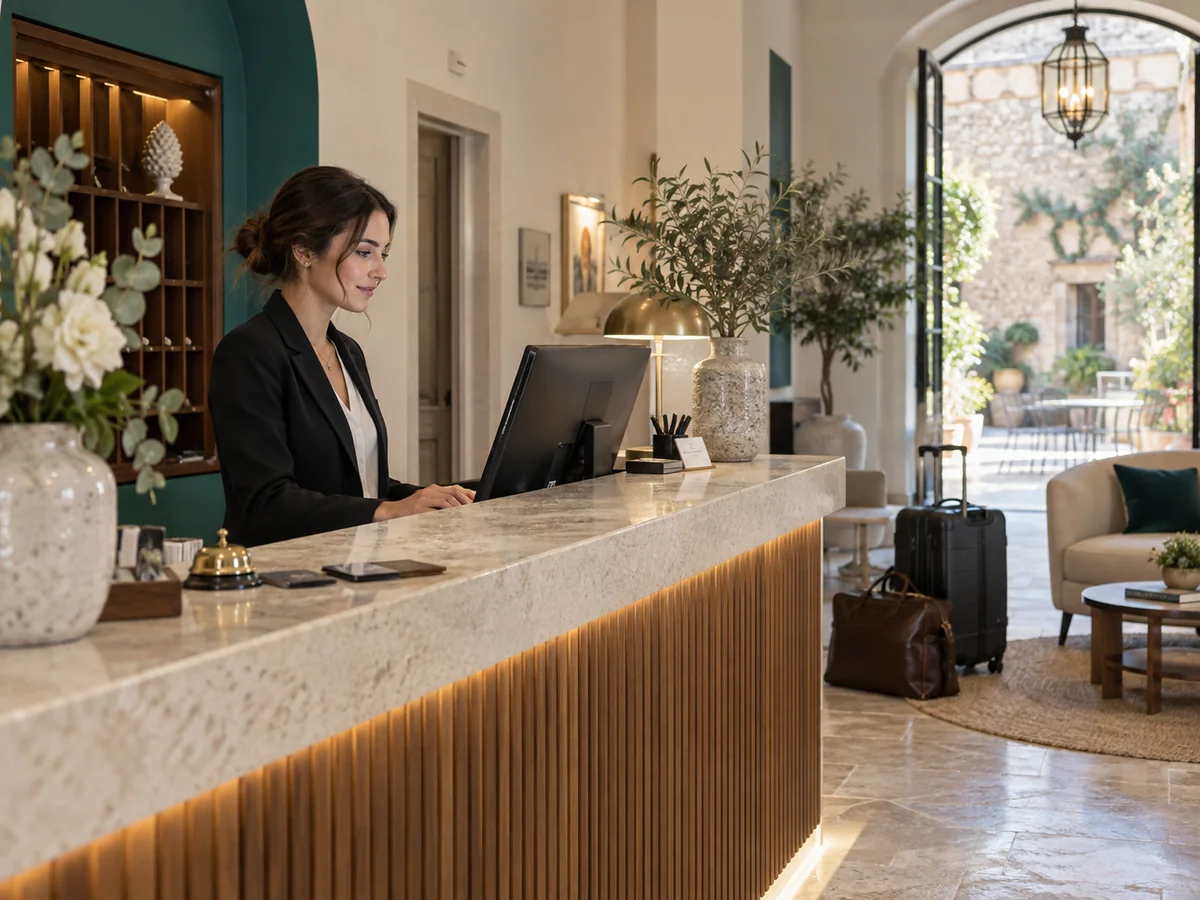 Responsabile di un hotel alla reception mentre controlla le prenotazioni sul computer.