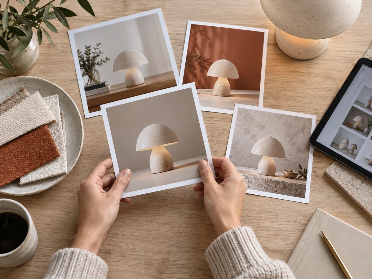 Selezione di fotografie di una lampada in ceramica su un tavolo con campioni di tessuto e un tablet.