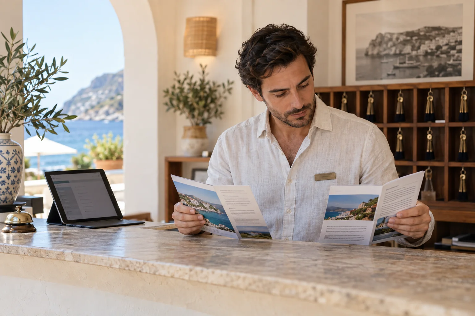 Addetta alla reception che confronta materiali in italiano e inglese su un tablet accanto al banco di accoglienza.