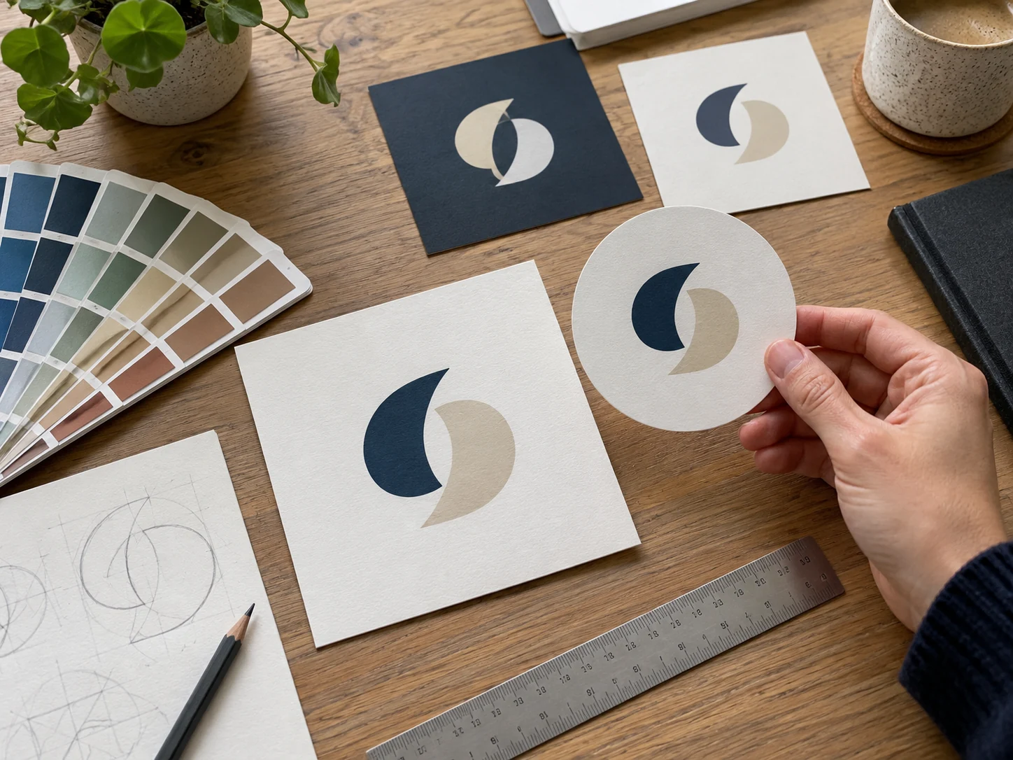 Una designer confronta prove quadrate e circolari di un marchio astratto sul banco di uno studio grafico