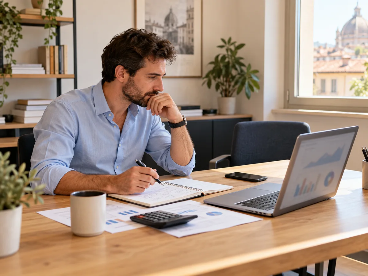 Professionista confronta un riepilogo delle campagne pubblicitarie sul computer con appunti sulla scrivania