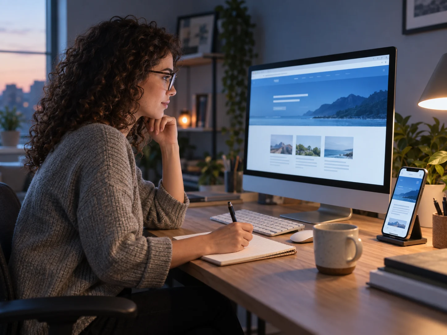 Consulente che confronta una pagina web su monitor e smartphone prendendo appunti.