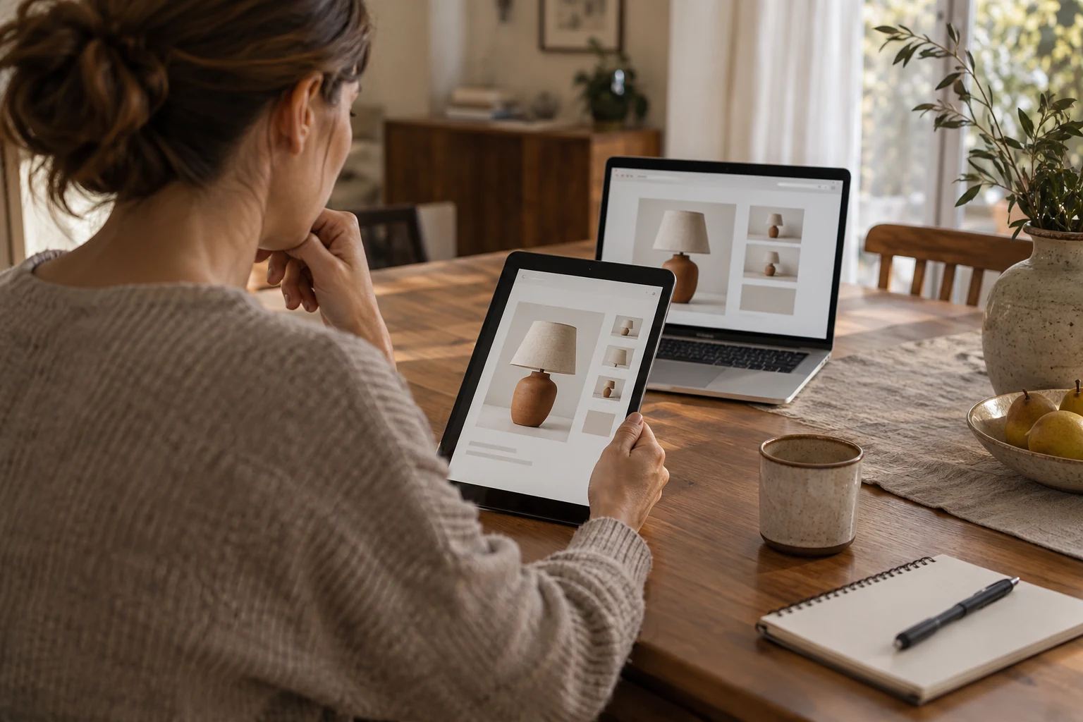 Una persona consulta sul tablet un prodotto già osservato sul portatile, seduta in un ambiente domestico.
