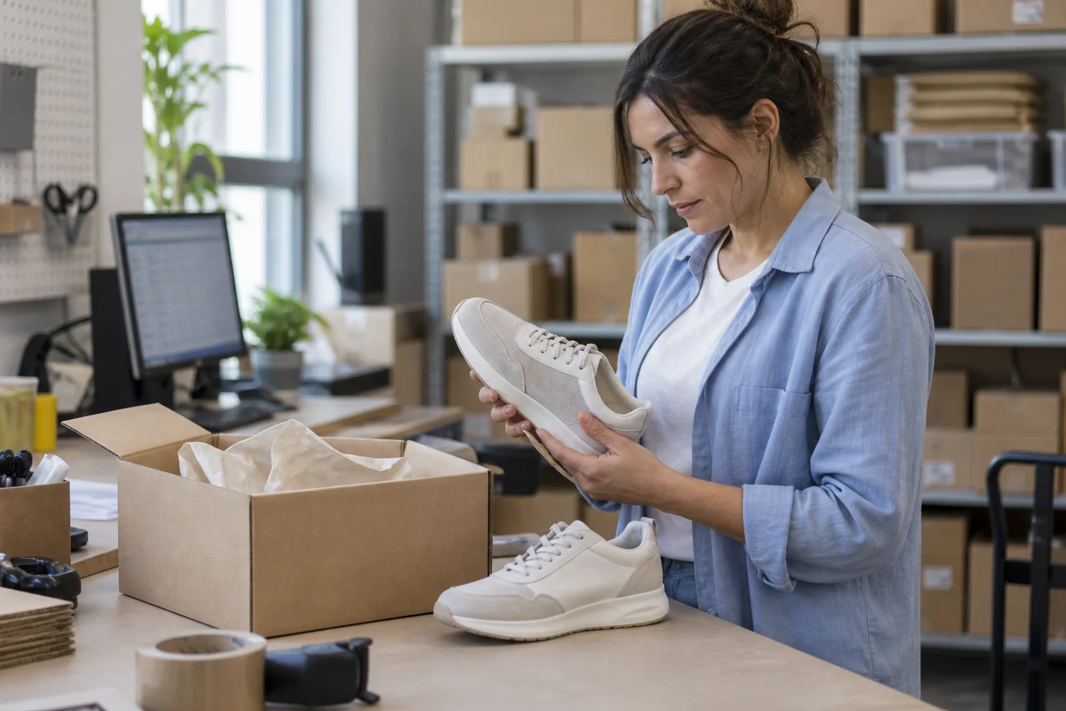 Addetto ecommerce che controlla un prodotto restituito accanto a un pacco aperto e a un terminale.