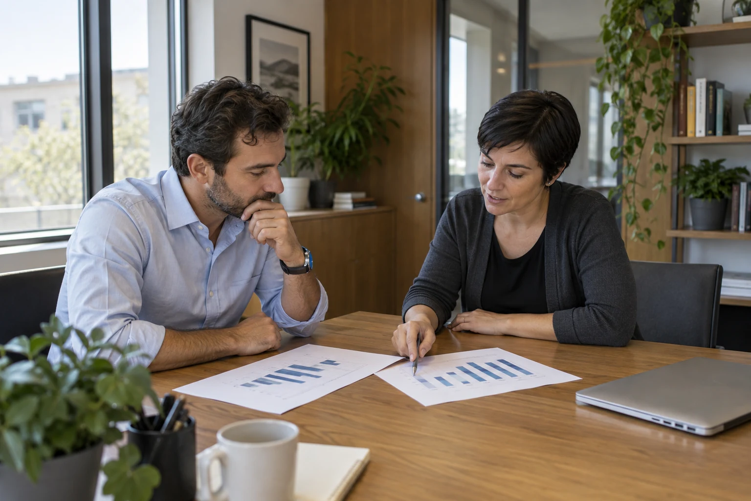 Imprenditore e consulente confrontano due prospetti di campagne in una sala riunioni