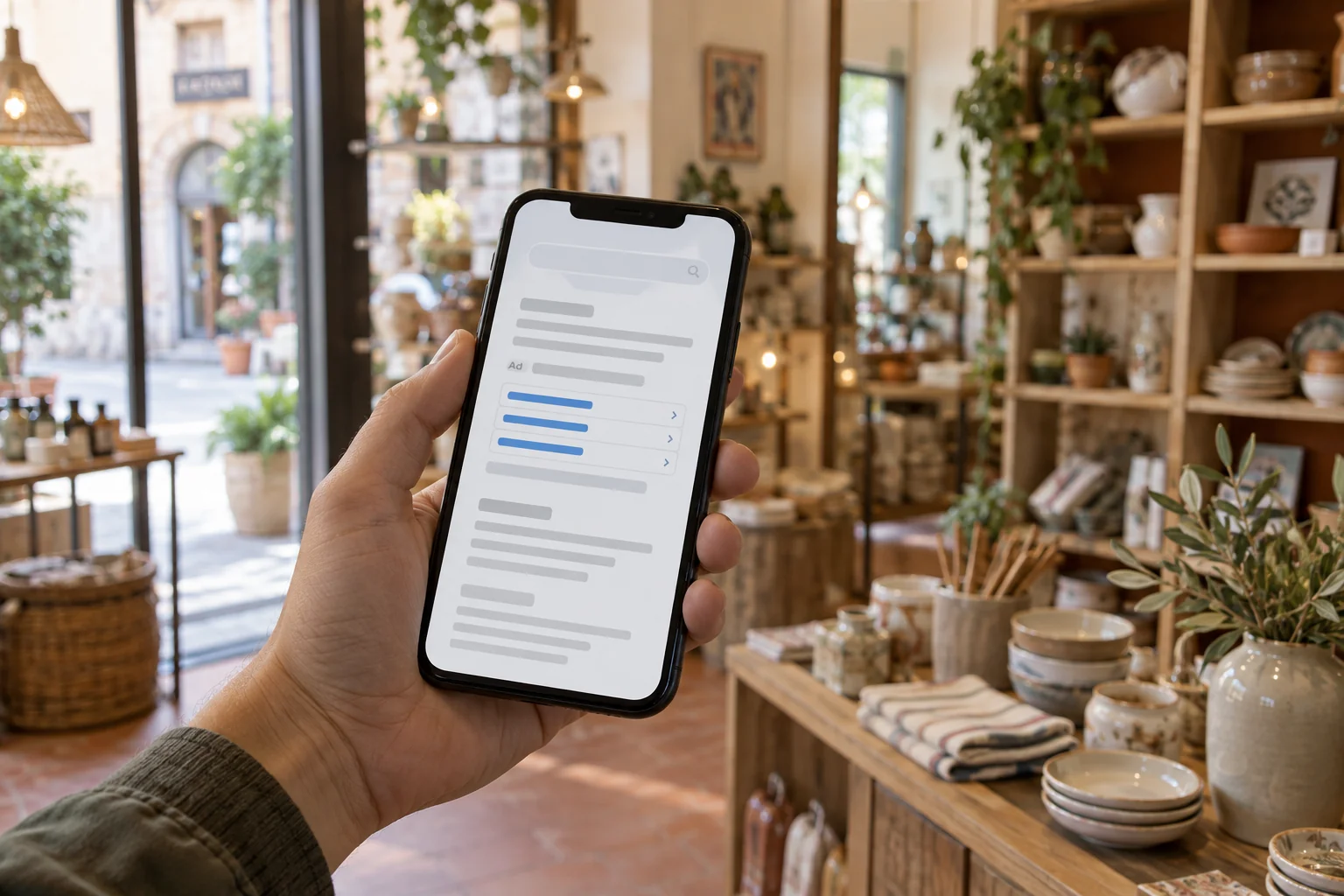 Smartphone usato per controllare un annuncio e i suoi collegamenti davanti alla vetrina di un negozio.