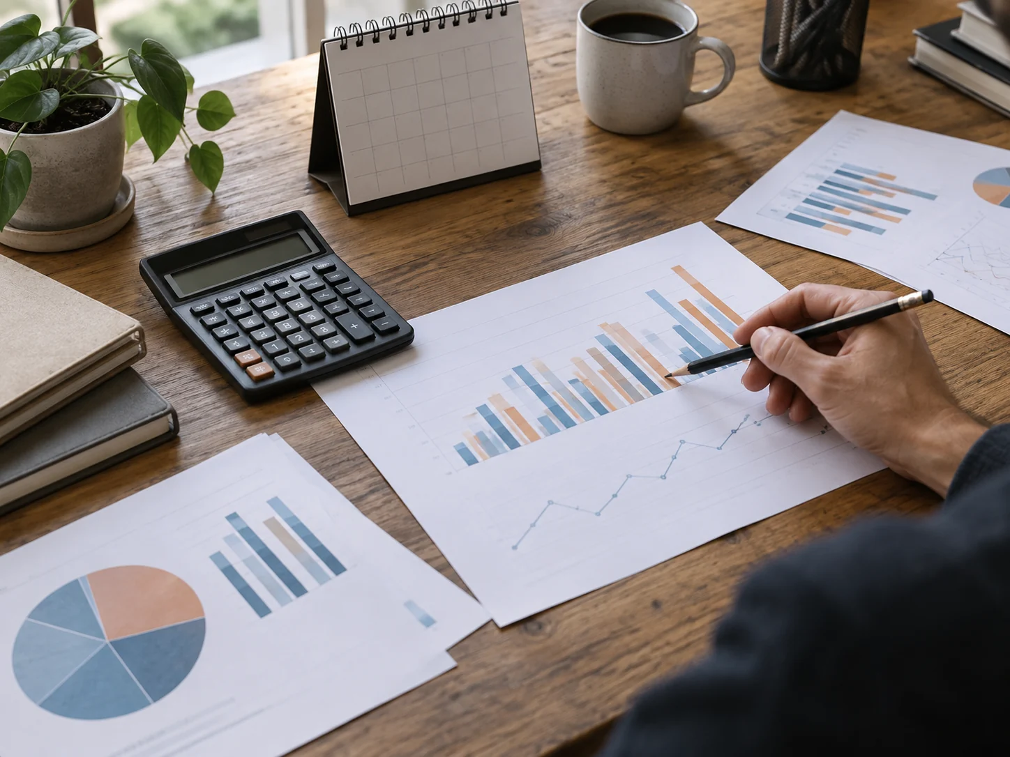 Calendario, calcolatrice e prospetti delle spese pubblicitarie su una scrivania
