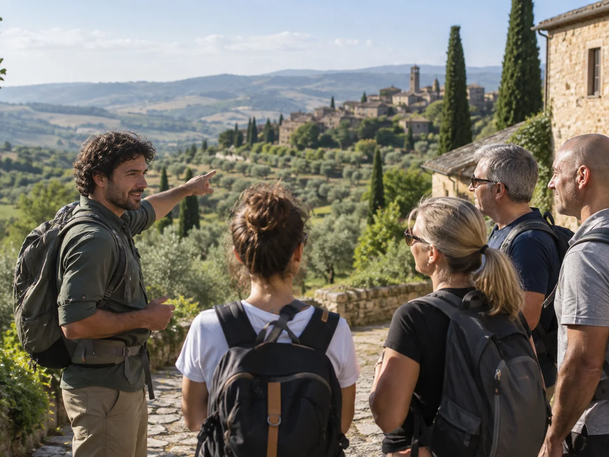 Guida turistica che accoglie un piccolo gruppo di visitatori all’inizio di un’escursione.