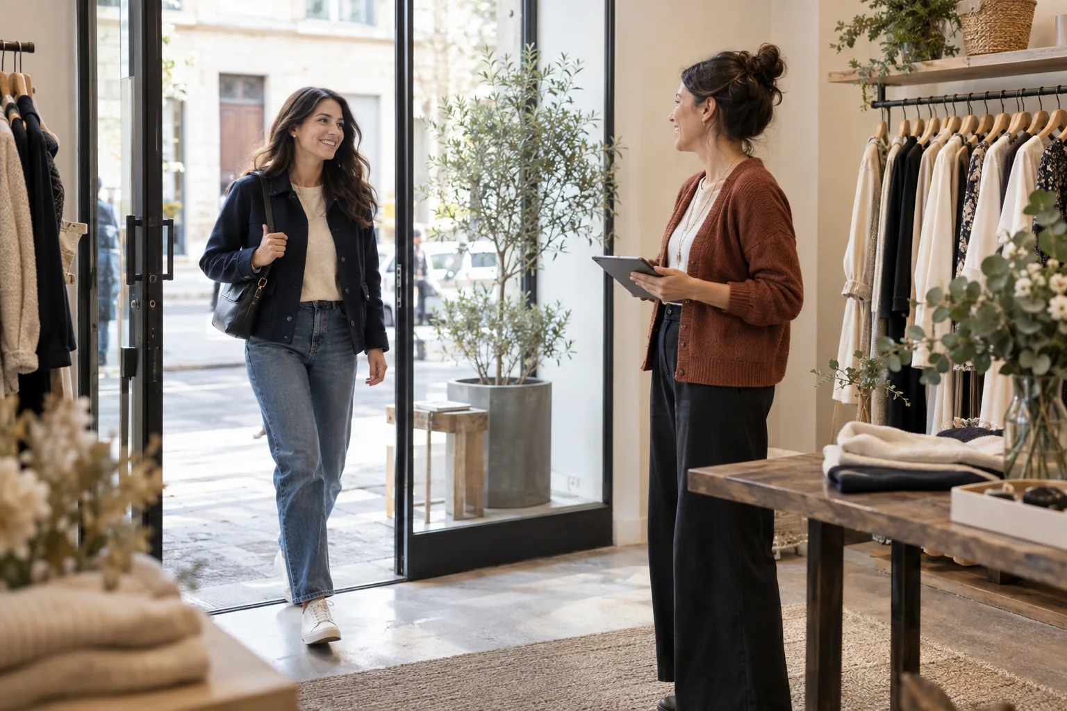 Titolare di una boutique con un tablet che accoglie una cliente all’ingresso del negozio