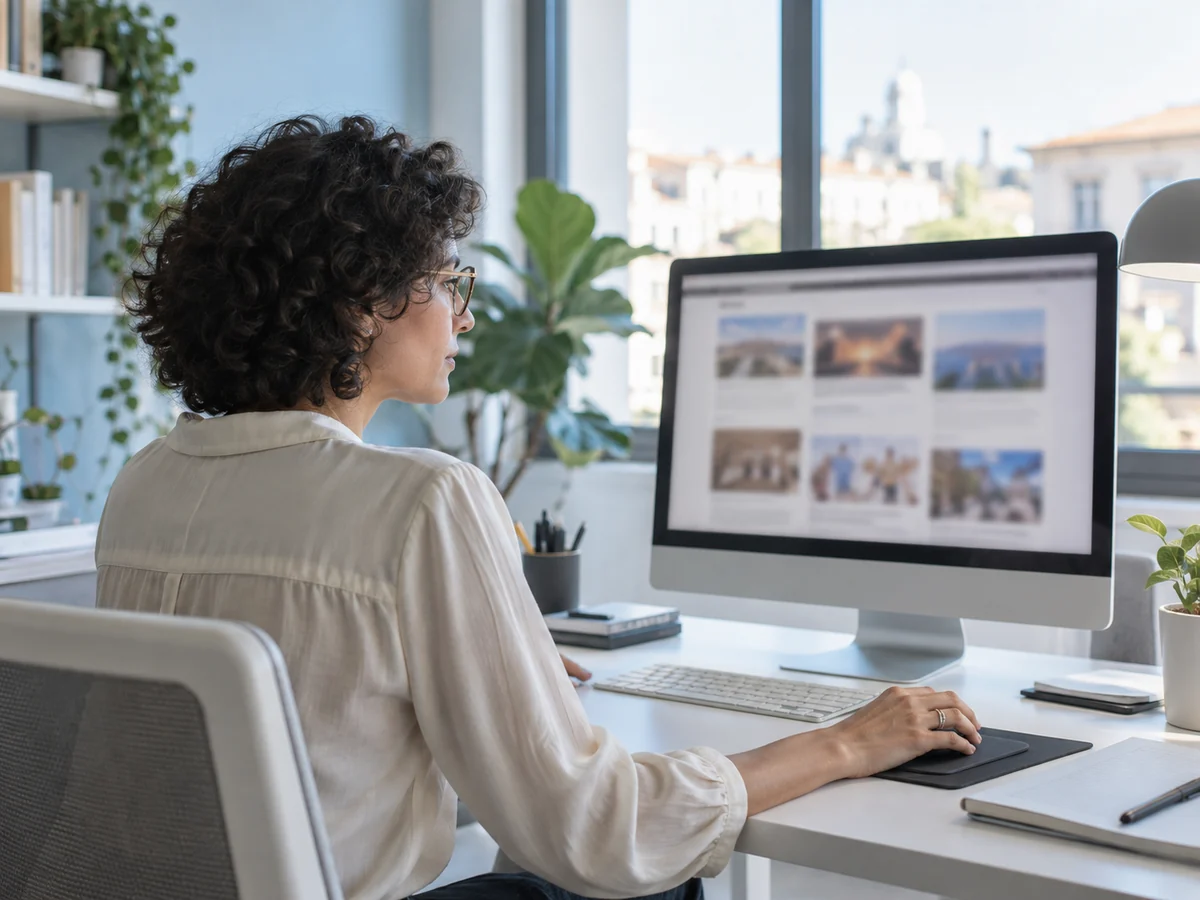 Responsabile della comunicazione che consulta notizie e segnalazioni su un monitor in un ufficio luminoso.
