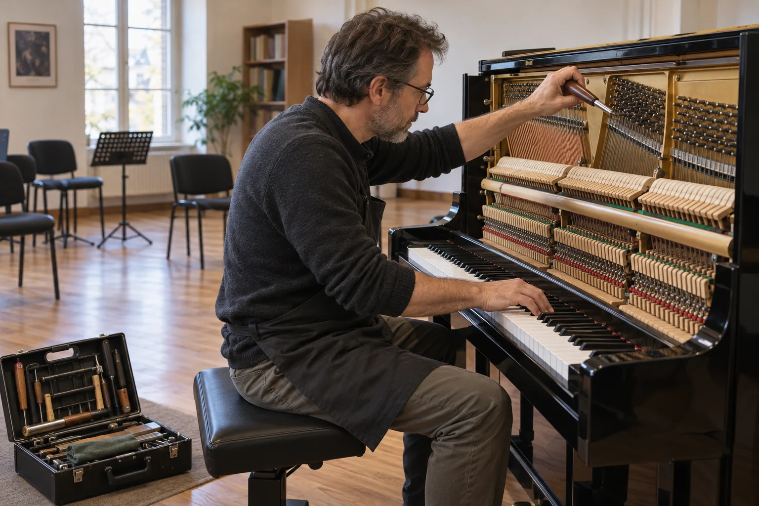 Un tecnico lavora all’accordatura di un pianoforte verticale in una sala prove luminosa.