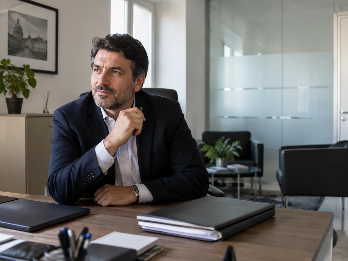 Professionista in un ufficio riservato con fascicoli chiusi e una zona dedicata ai colloqui.