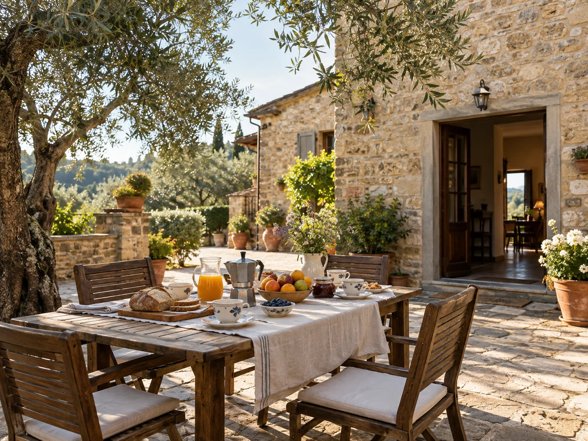 Cortile di un agriturismo in pietra con un tavolo per la colazione e ulivi