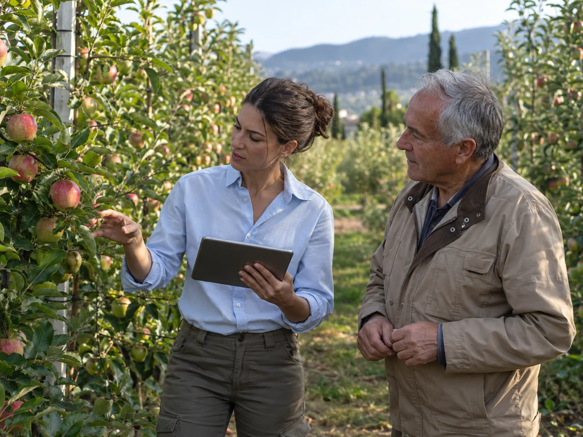 Agronomo con tablet durante un sopralluogo in un frutteto insieme a un imprenditore agricolo.