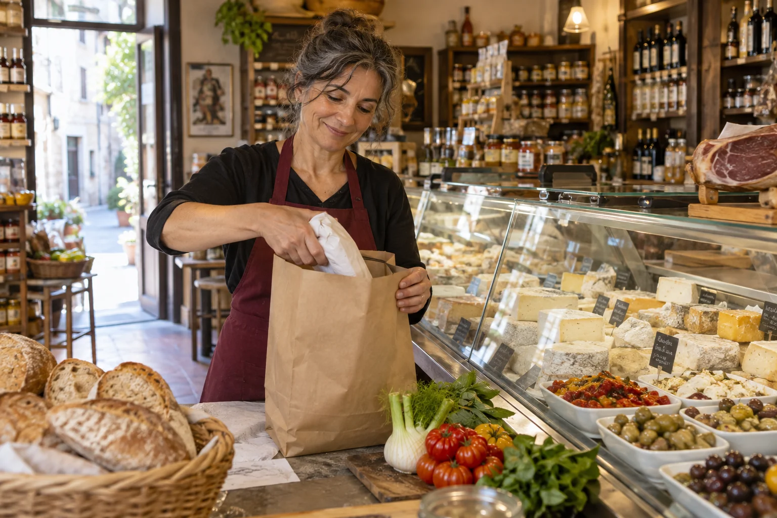 Una negoziante prepara una borsa della spesa accanto al banco di una gastronomia.