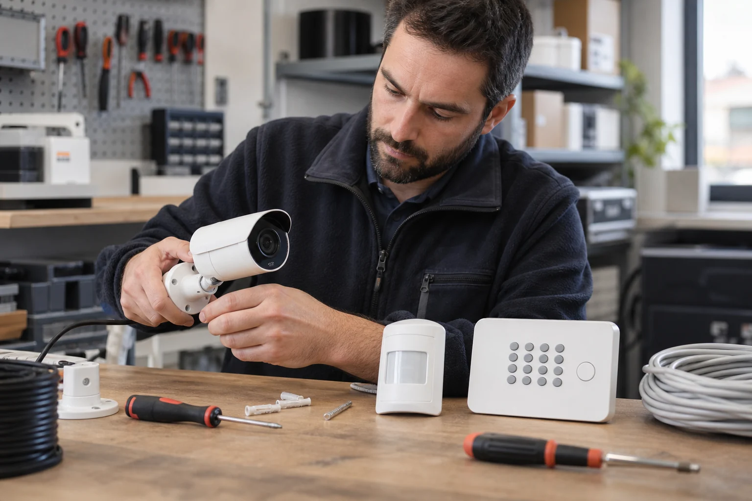 Tecnico al banco di un laboratorio con dispositivi dimostrativi per allarmi e videosorveglianza.