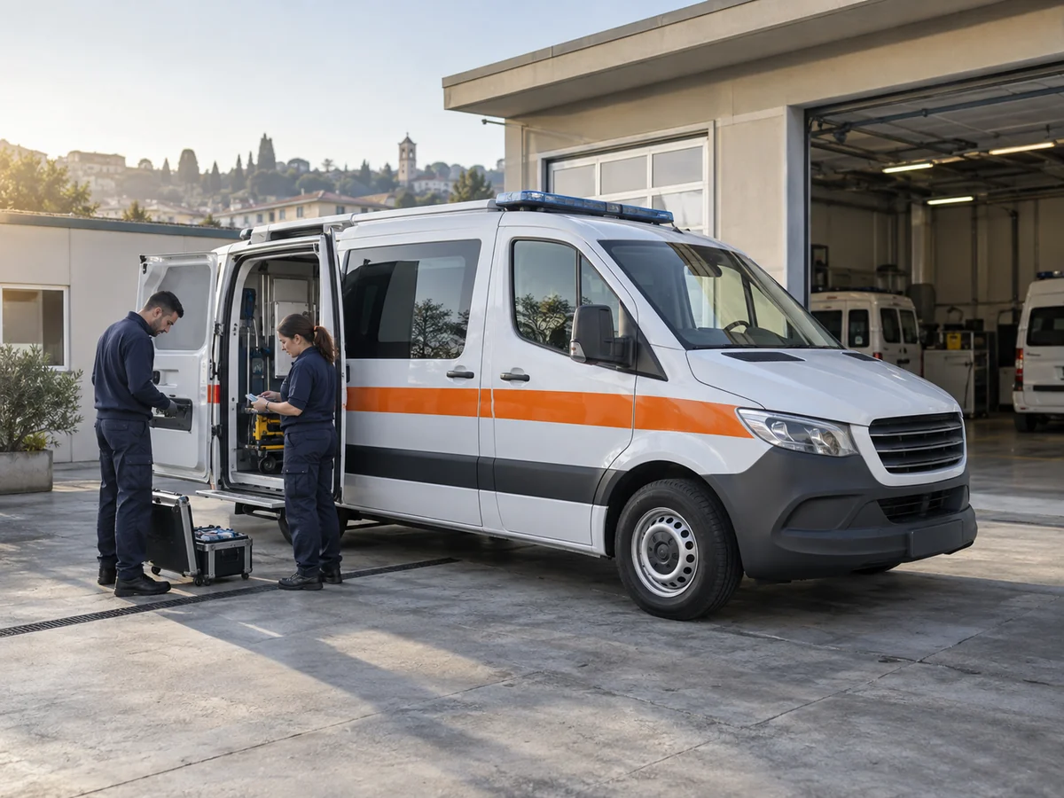 Ambulanza davanti alla rimessa con operatori che preparano il mezzo per un trasporto programmato