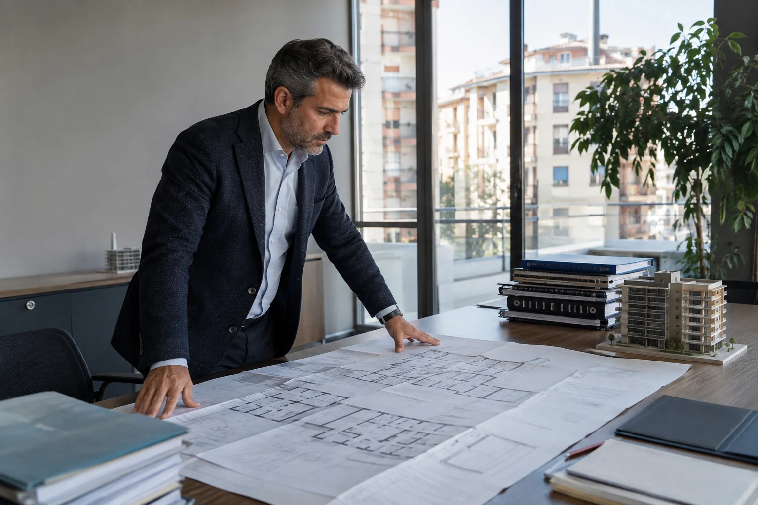 Amministratore di condominio esamina una planimetria in ufficio, con un modello di edificio sul tavolo.